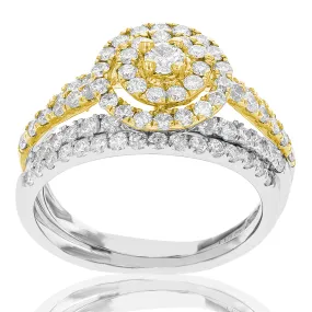 1 1/2 cttw Diamond Wedding Engagement Ring Set 14K White Yellow Gold Halo