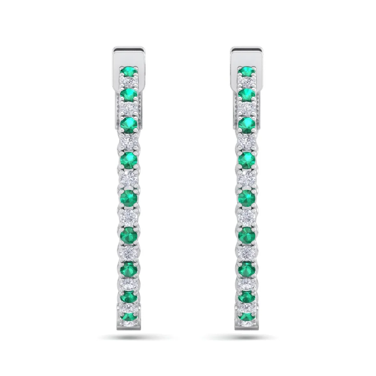 1 Carat Emerald And Diamond Hoop Earrings In 14 Karat White Gold, 3/4 Inch