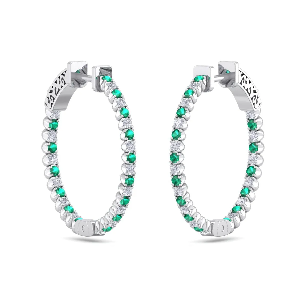 1 Carat Emerald And Diamond Hoop Earrings In 14 Karat White Gold, 3/4 Inch