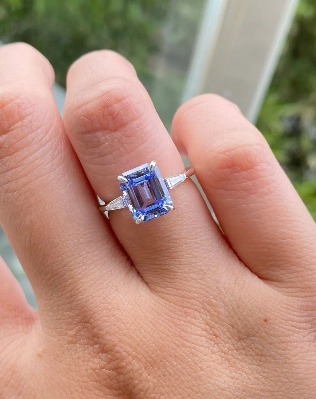 1 Carat Light Blue Emerald Cut Moissanite Engagement Ring