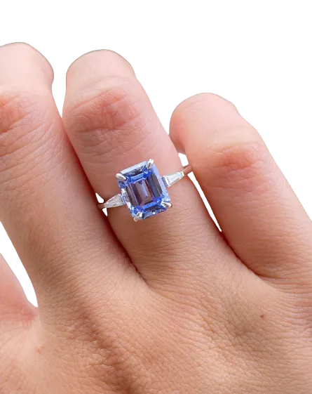 1 Carat Light Blue Emerald Cut Moissanite Engagement Ring