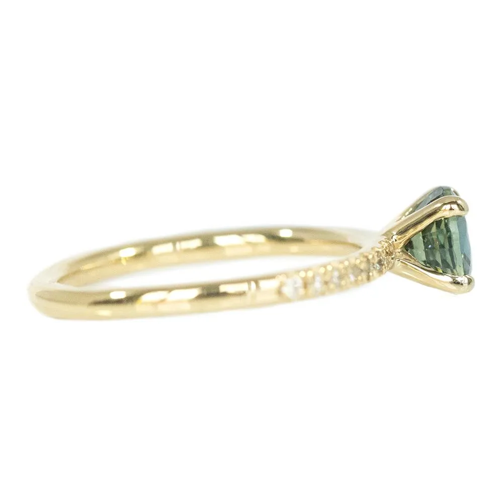 1.20ct Deep Teal Blue Green Sapphire with French Set Diamond Solitaire in 14k Yellow Gold