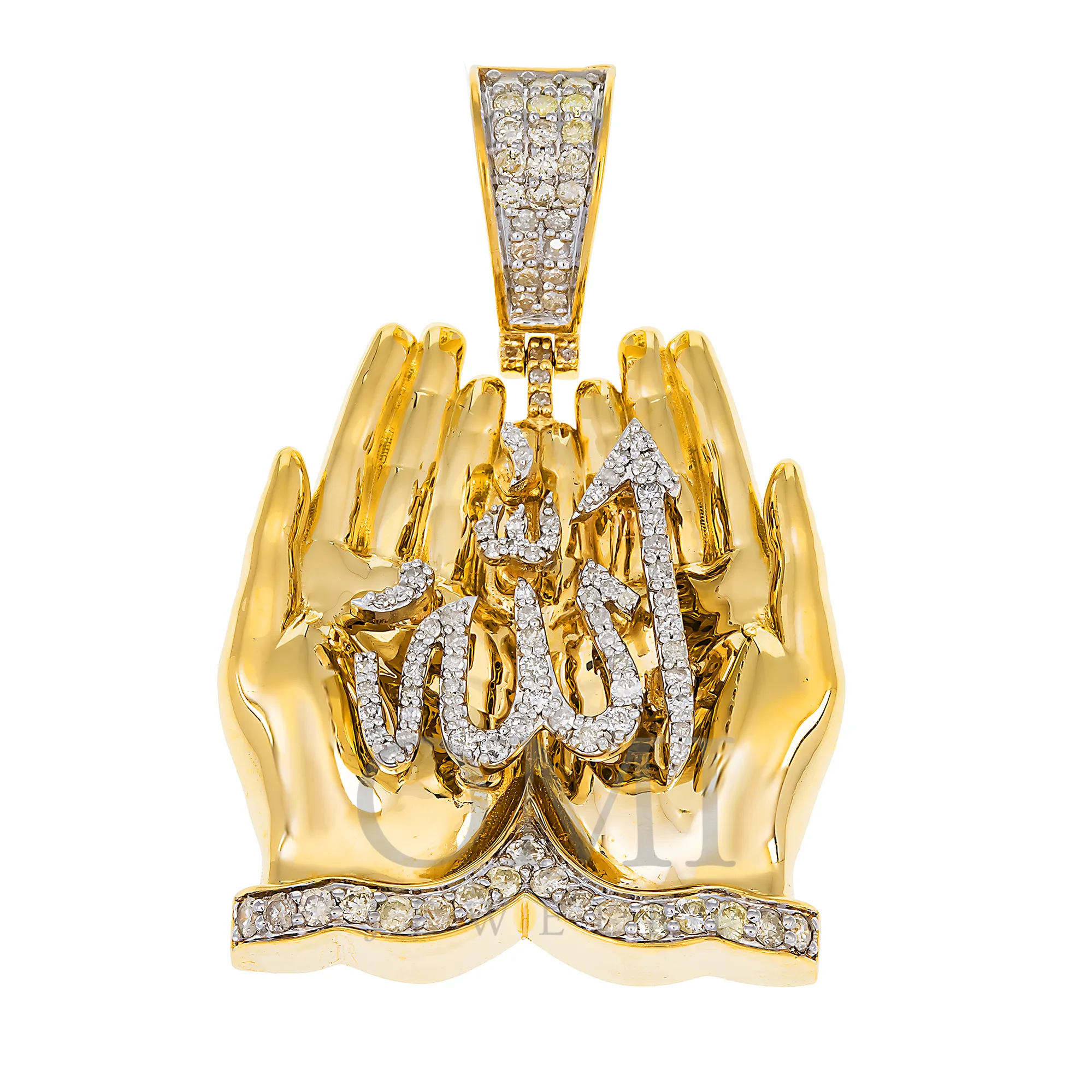 14K GOLD DIAMOND ALLAH IN PRAYING HANDS PENDANT 0.99 CT