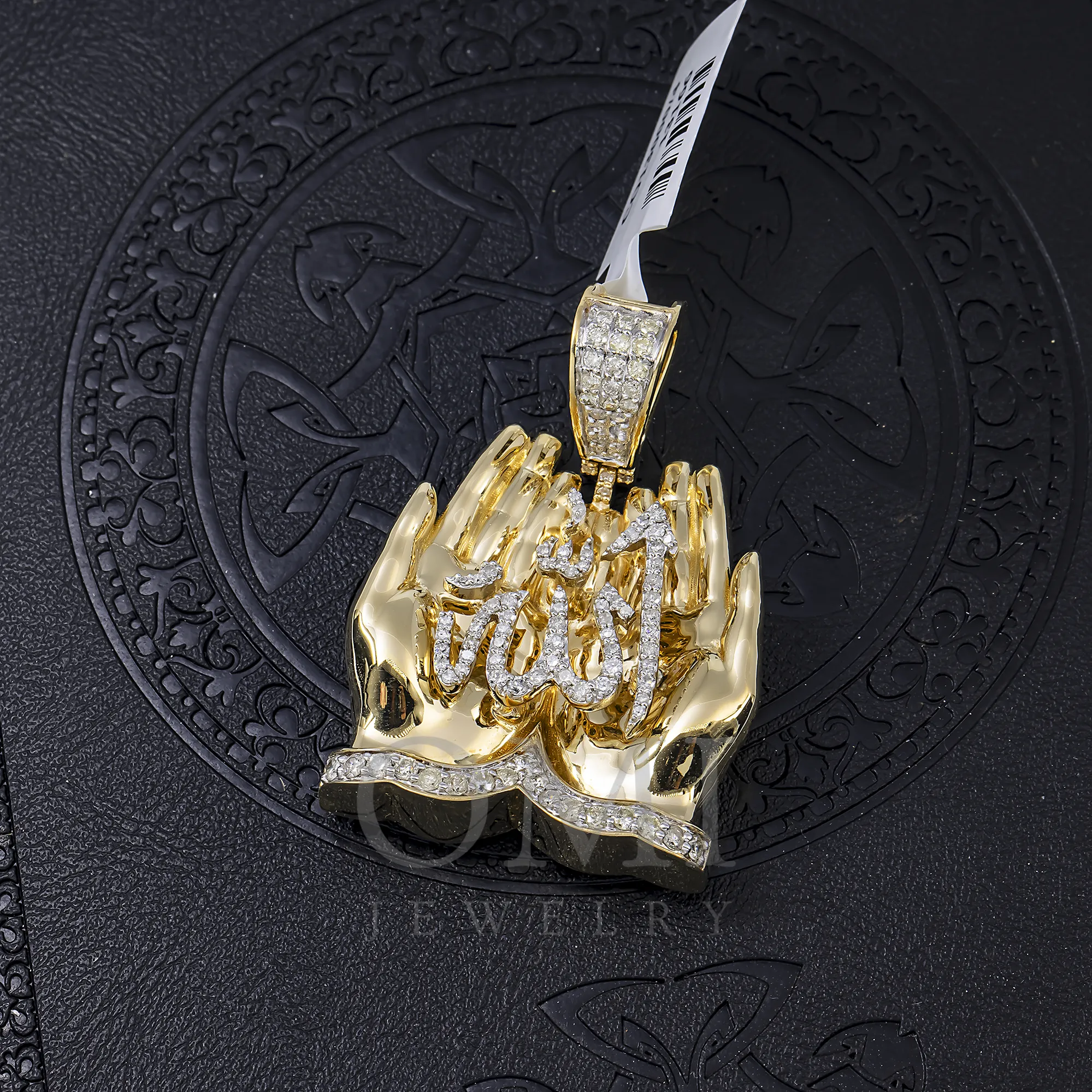 14K GOLD DIAMOND ALLAH IN PRAYING HANDS PENDANT 0.99 CT