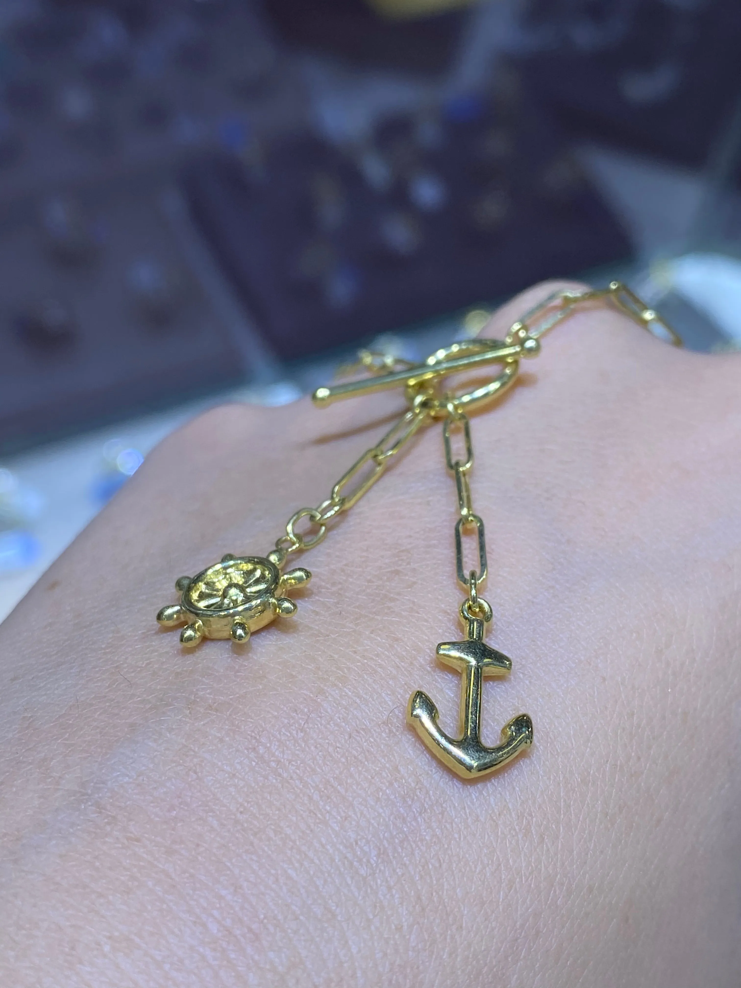 14K Gold Paper Clip Anchor and Helm Charm Necklace