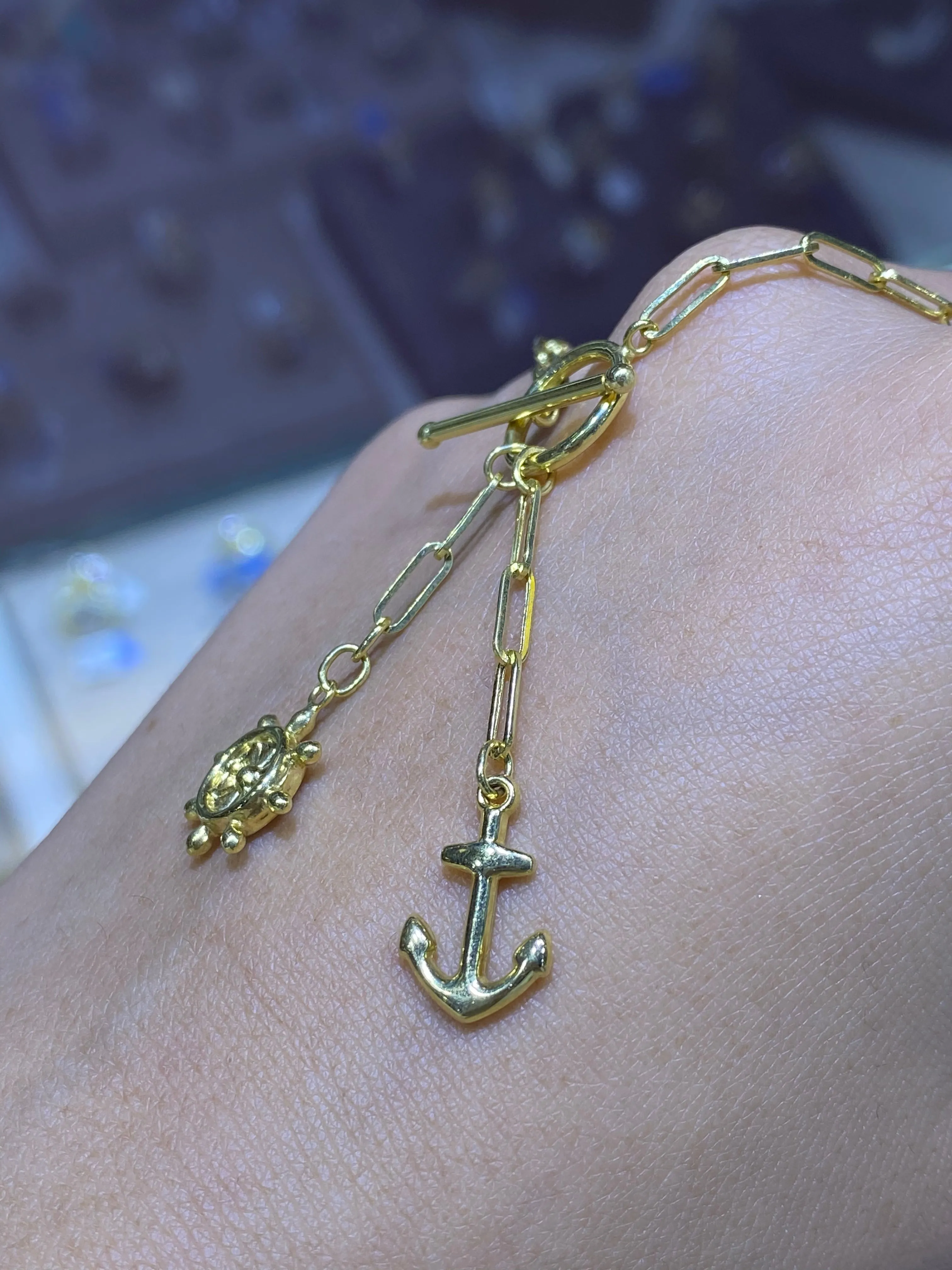 14K Gold Paper Clip Anchor and Helm Charm Necklace