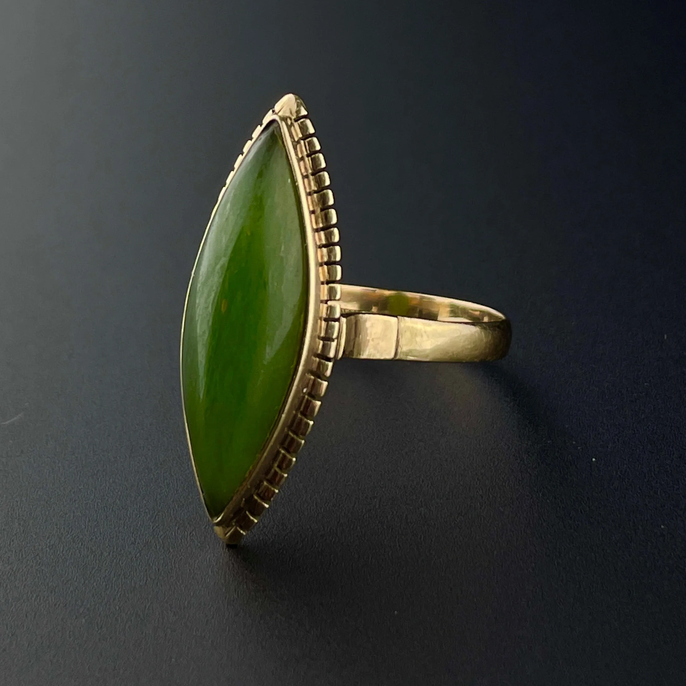 14K Gold Victorian Style Jade Navette Ring, Sz 7