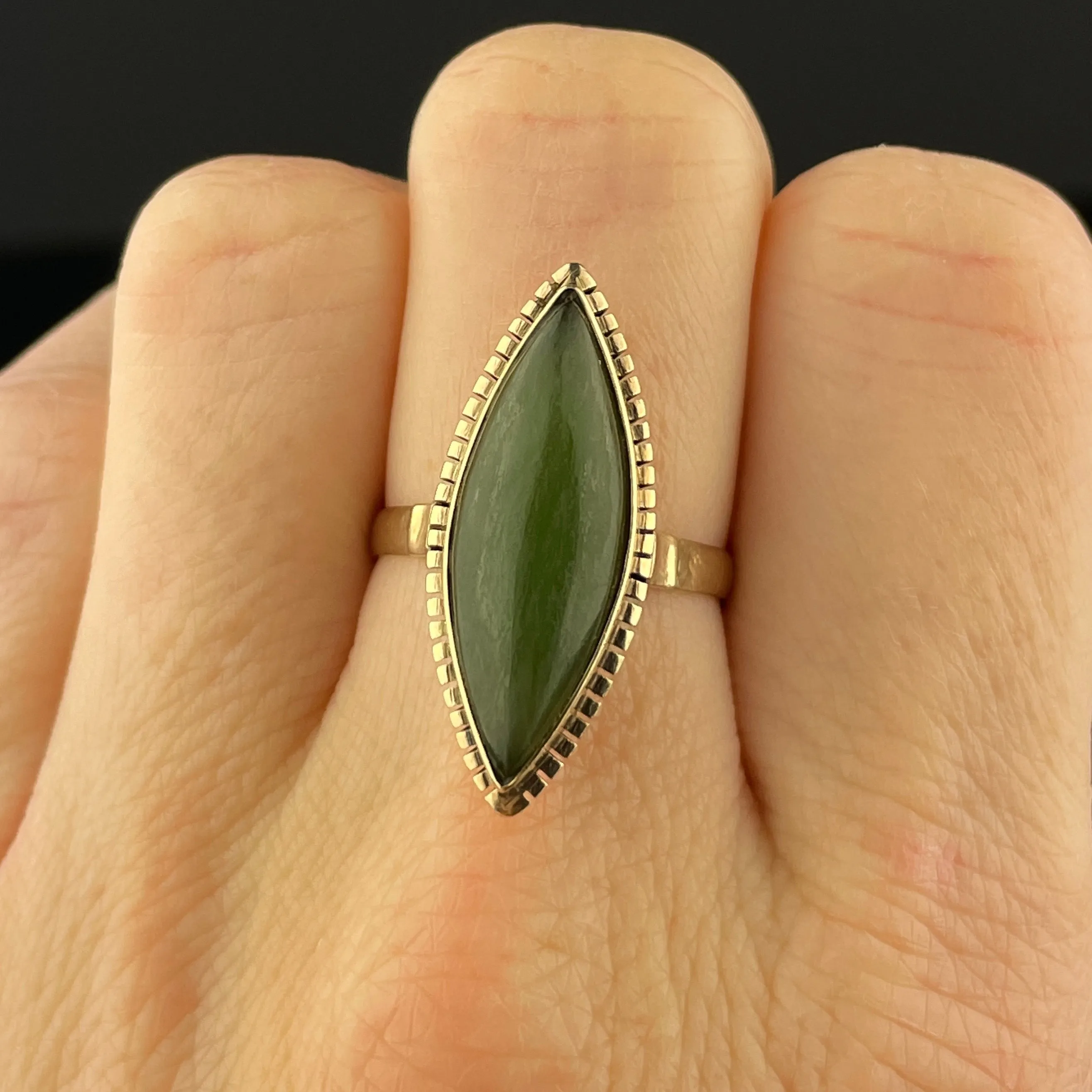 14K Gold Victorian Style Jade Navette Ring, Sz 7