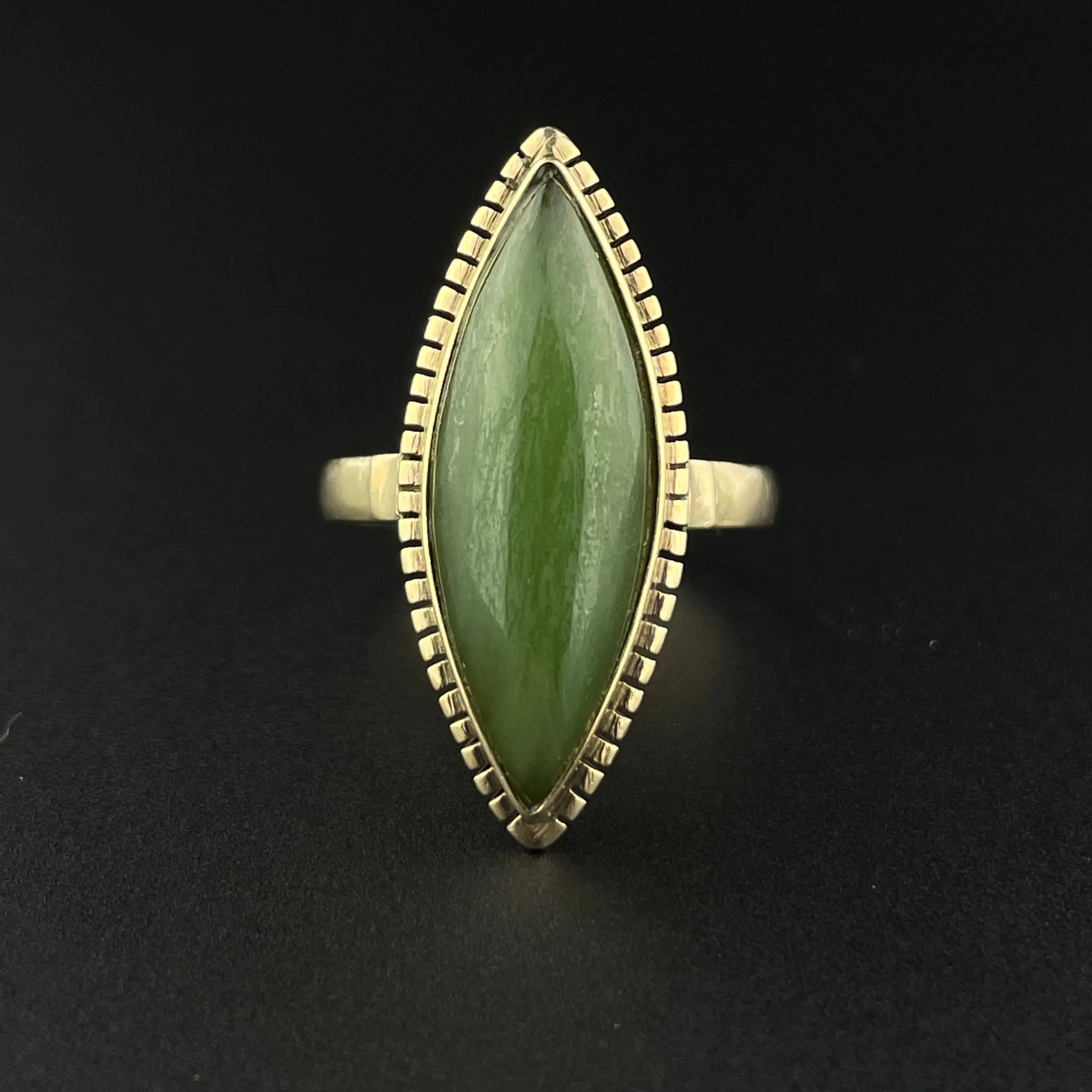 14K Gold Victorian Style Jade Navette Ring, Sz 7