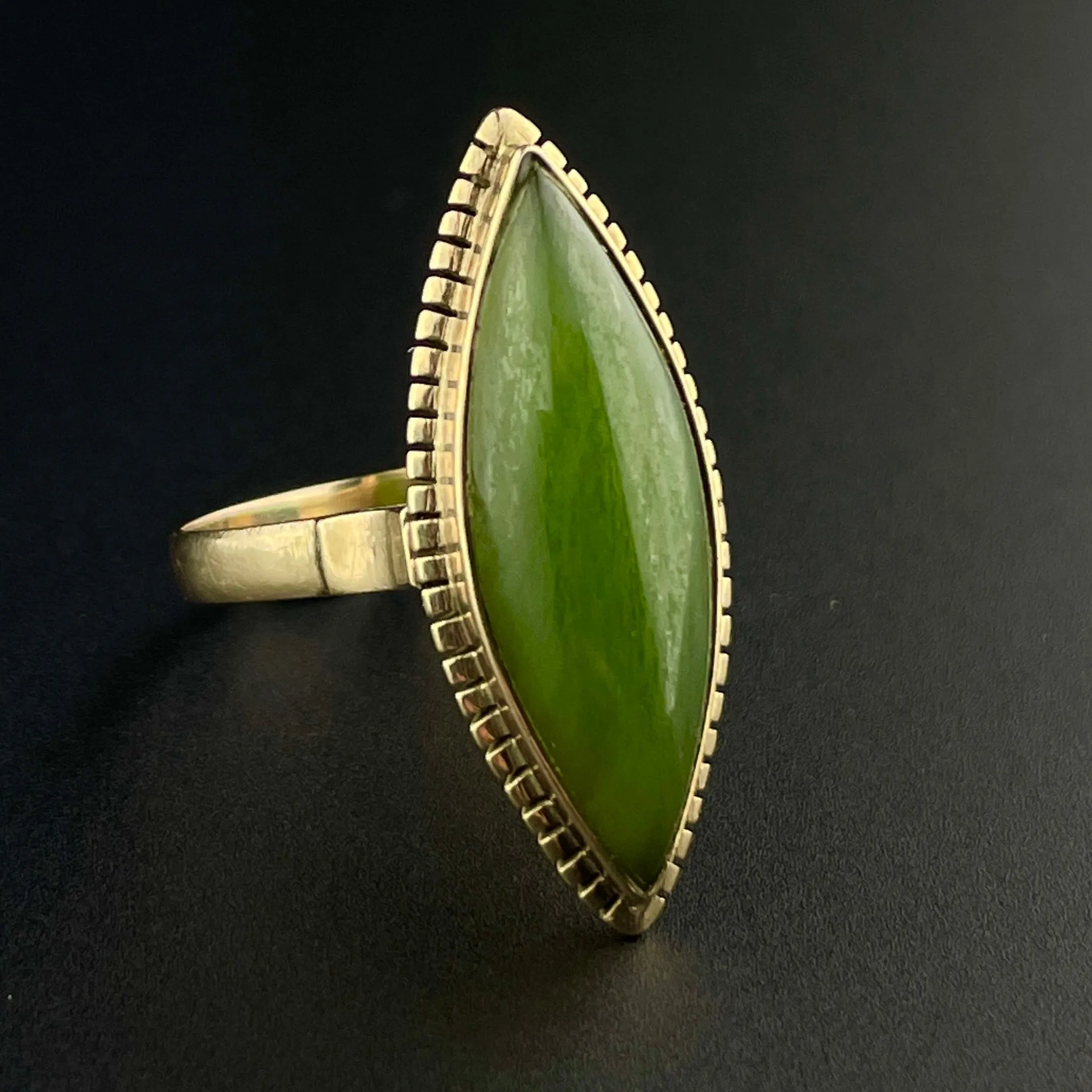 14K Gold Victorian Style Jade Navette Ring, Sz 7