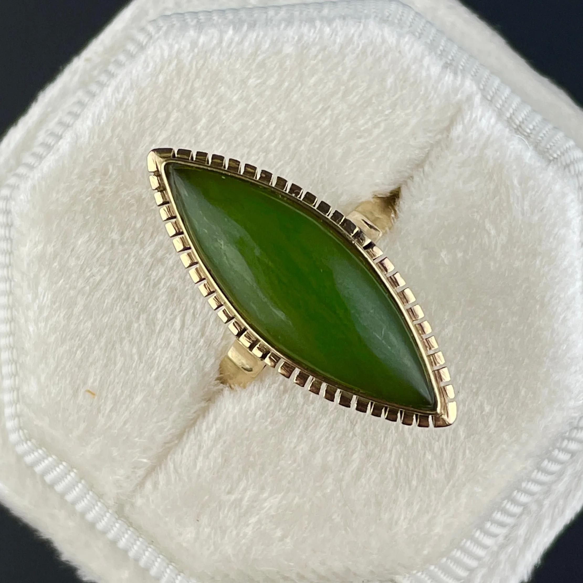 14K Gold Victorian Style Jade Navette Ring, Sz 7