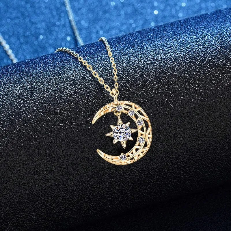 14K Rose Gold Moon Star Diamond Pendant Necklace - 925 Sterling Silver