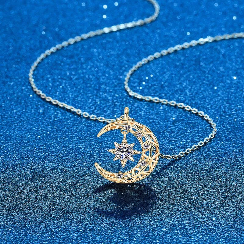 14K Rose Gold Moon Star Diamond Pendant Necklace - 925 Sterling Silver