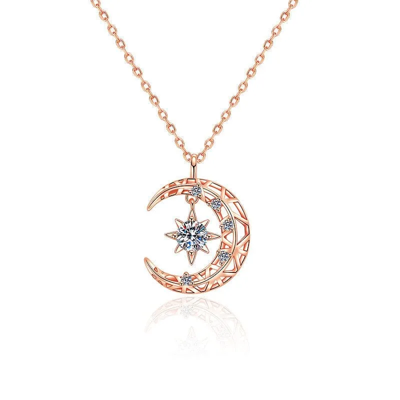 14K Rose Gold Moon Star Diamond Pendant Necklace - 925 Sterling Silver