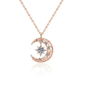 14K Rose Gold Moon Star Diamond Pendant Necklace - 925 Sterling Silver