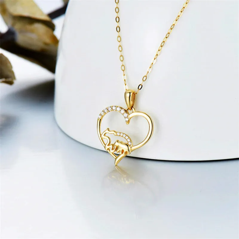 14k Solid Gold Love Heart Mama Bear Necklace Mom Necklace Mothers Day Necklaces for Women