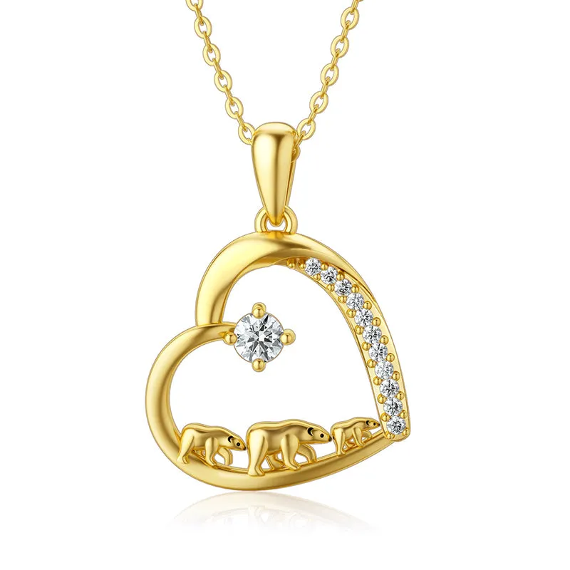 14k Solid Gold Love Heart Mama Bear Necklace Mom Necklace Mothers Day Necklaces for Women