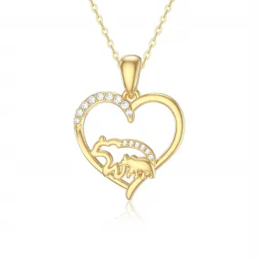 14k Solid Gold Love Heart Mama Bear Necklace Mom Necklace Mothers Day Necklaces for Women