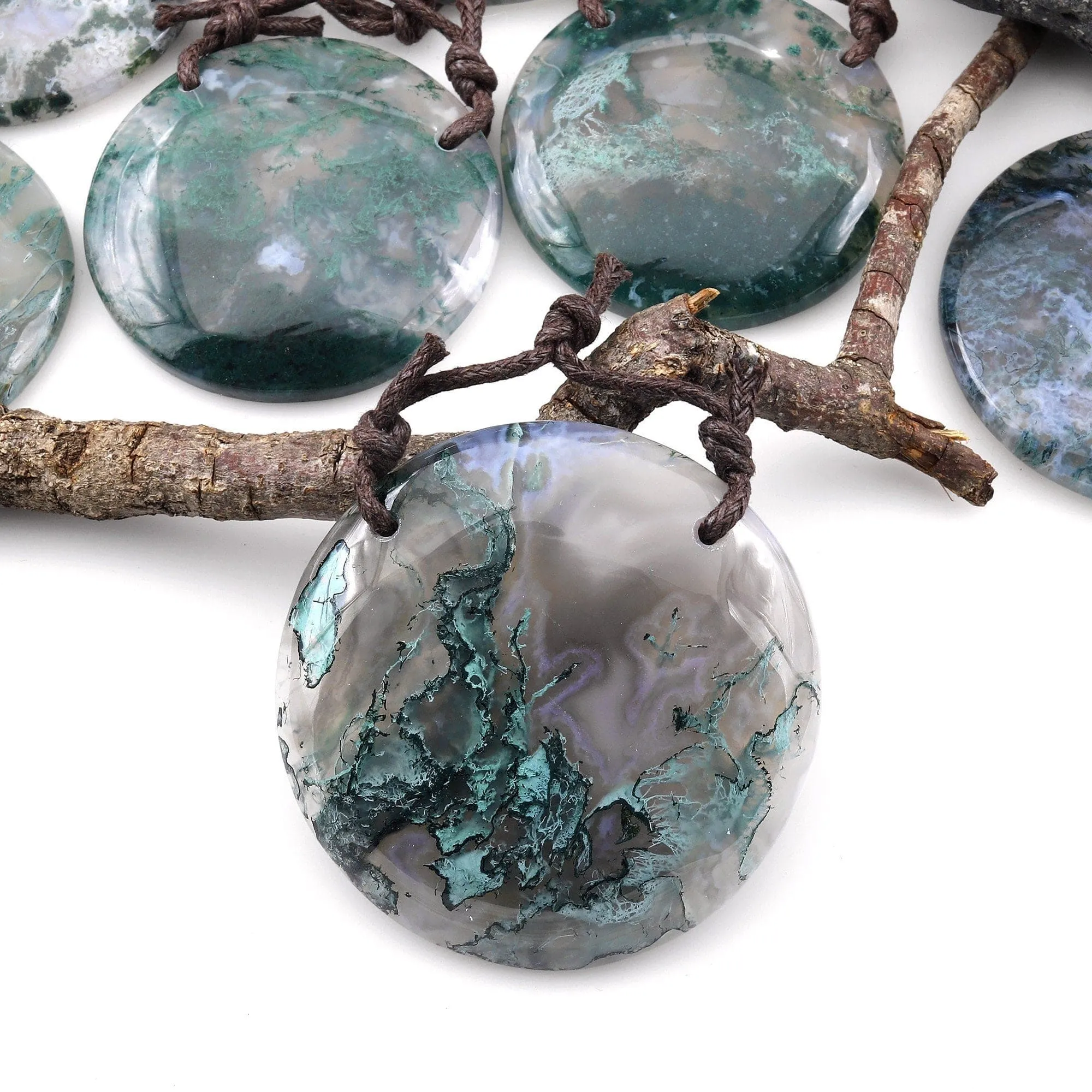 2 Hole Pendant Large Natural Green Moss Agate Circular Round Pendant Gemstone Focal Bead A4