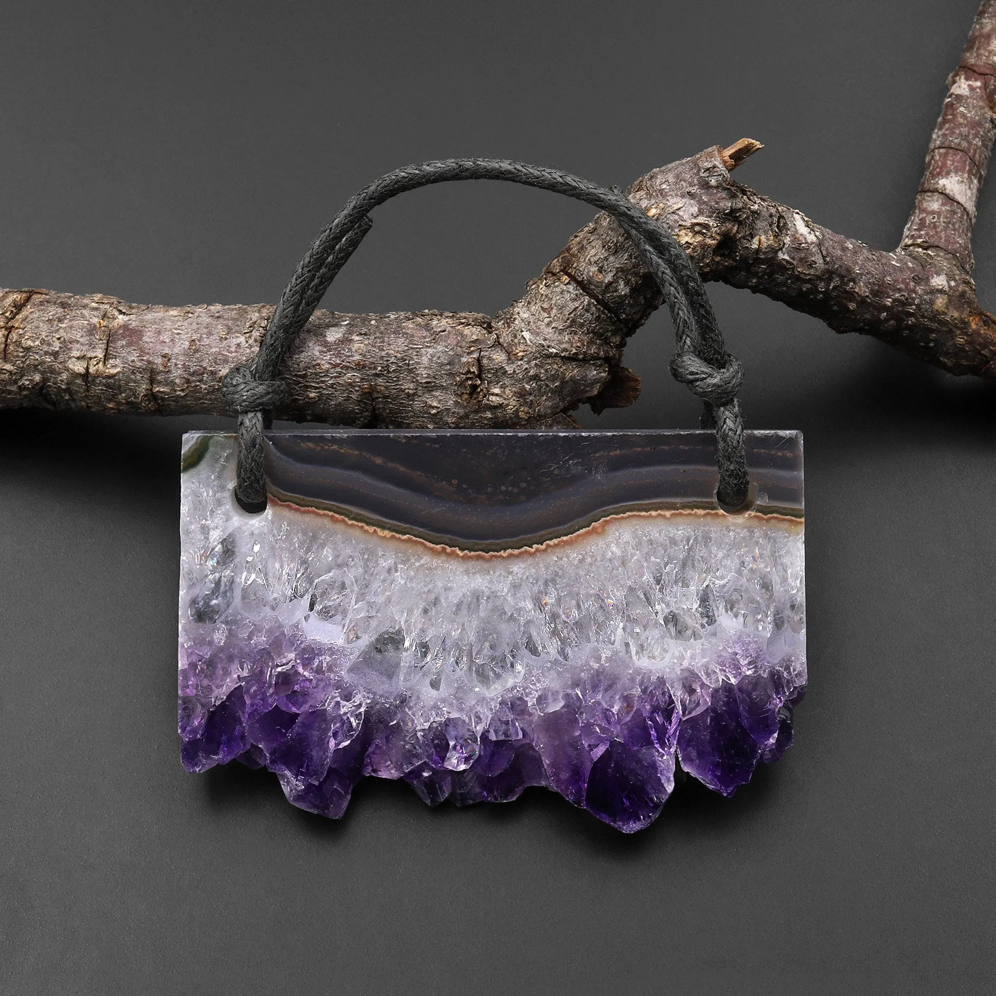 2 Hole Pendant Natural Smoky Quartz White Snowy Purple Amethyst Stalactite Druzy Pendant Drilled Flat Slice Rectangle