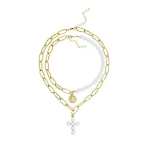 2-Piece Gold Chain Necklace with Pearls and Cross Pendant