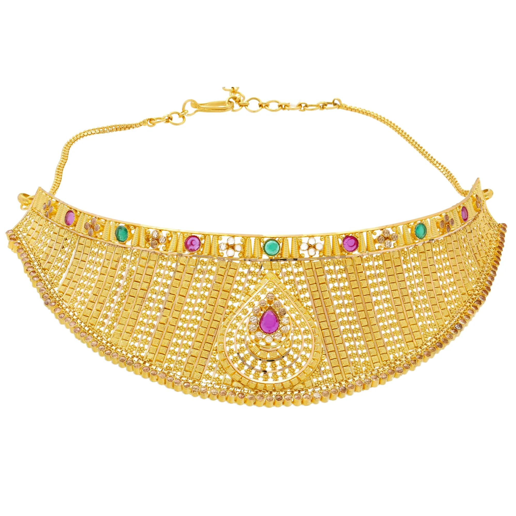 22K Yellow Gold Choker Necklace Set w/ Emeralds & Rubies (61.6gm)