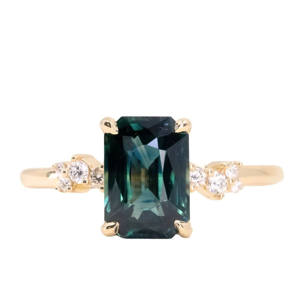 3.07ct Multicolor Teal and Purple Radiant Cut Sapphire and Diamond ring in 14k Yellow Gold