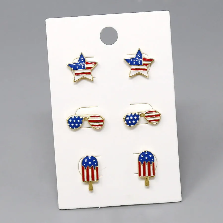 4th Of July American Flag Enamel Stud Earring Set