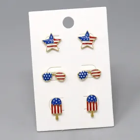 4th Of July American Flag Enamel Stud Earring Set