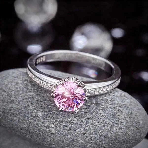 6 Claws 925 Sterling Silver Wedding Promise Anniversary Ring 1.25 Ct Fancy Pink Created Zirconia Jewelry MXFR8256