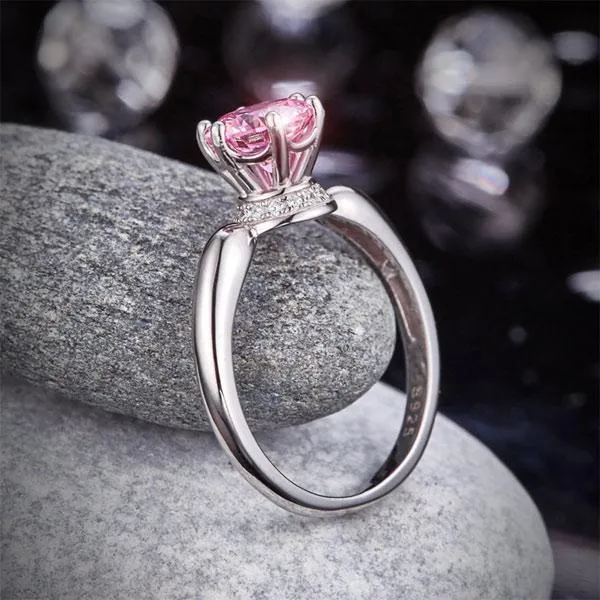 6 Claws Crown 925 Sterling Silver Wedding Promise Anniversary Ring 1.25 Ct Fancy Pink Created Zirconia Jewelry MXFR8262