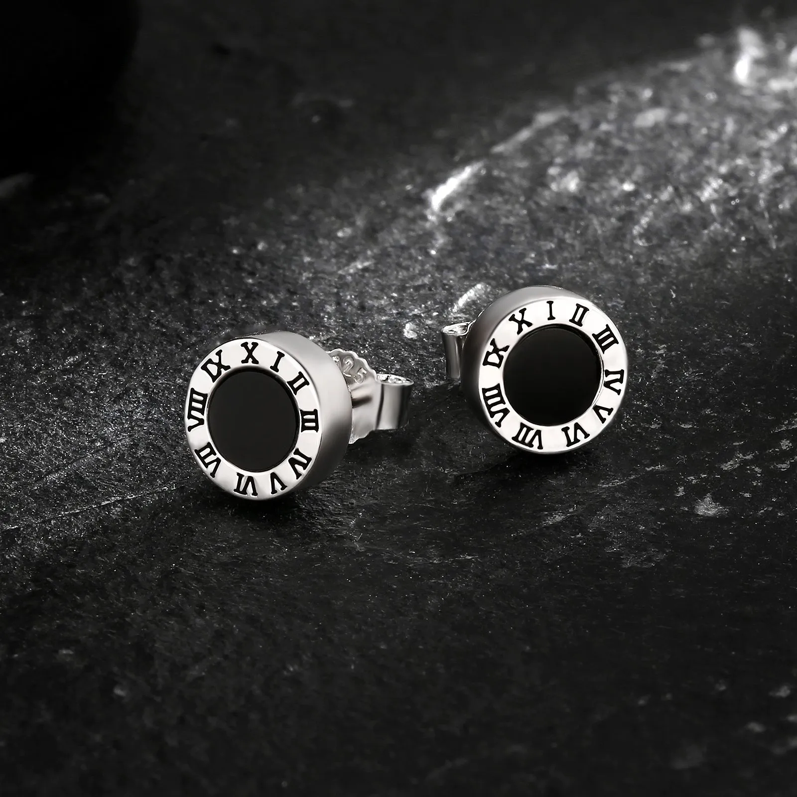 8mm Roman Numerals Black Agate Round Iced Stud Earrings for Men