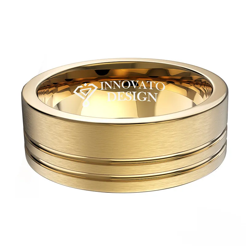 8mm Yellow Gold Plated Double Offset Lines Tungsten Ring