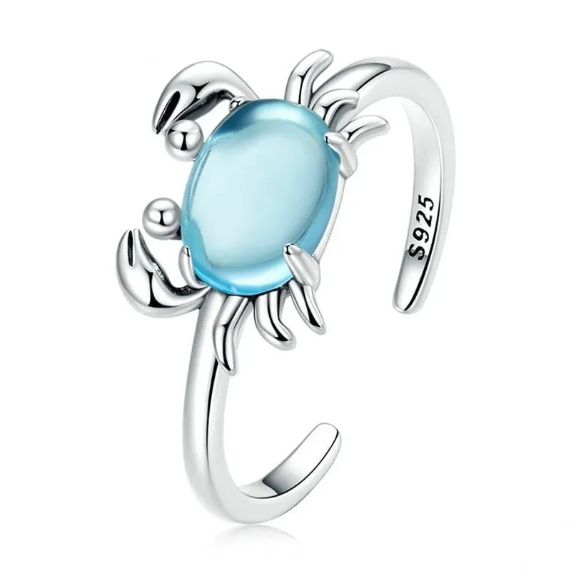 925 Sterling Silver Blue Stone Crab Pattern Party Wear Open Ring for Women