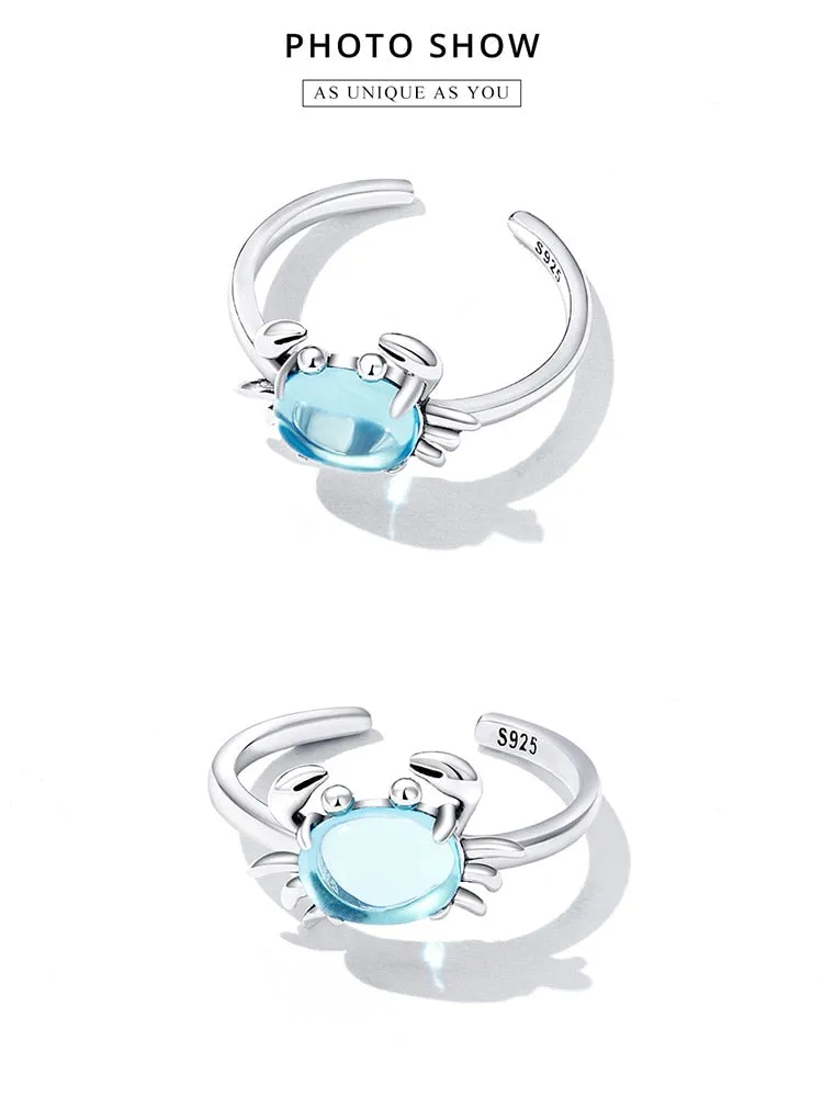 925 Sterling Silver Blue Stone Crab Pattern Party Wear Open Ring for Women