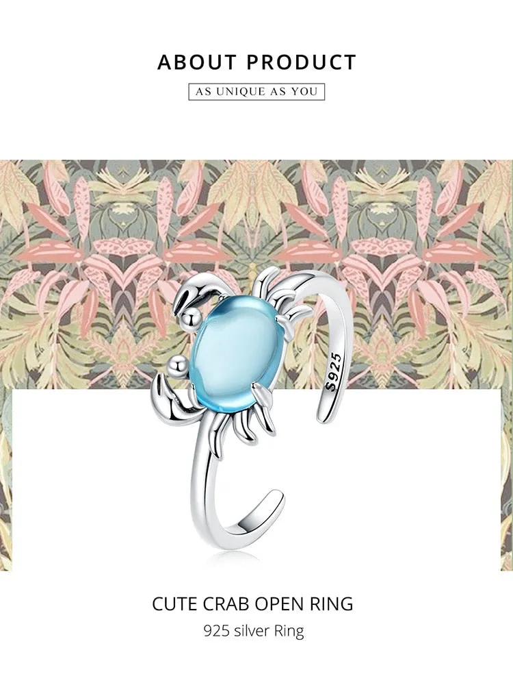 925 Sterling Silver Blue Stone Crab Pattern Party Wear Open Ring for Women