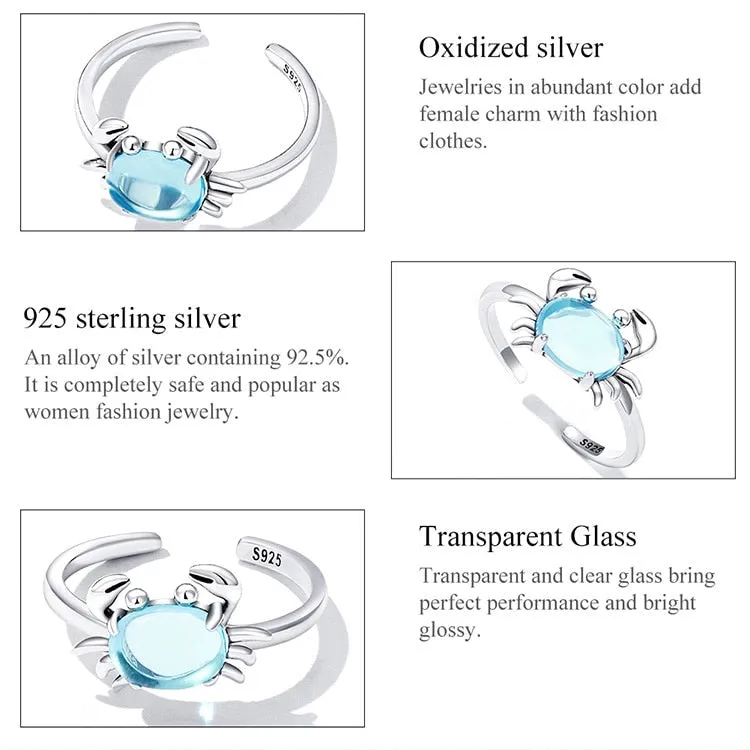 925 Sterling Silver Blue Stone Crab Pattern Party Wear Open Ring for Women