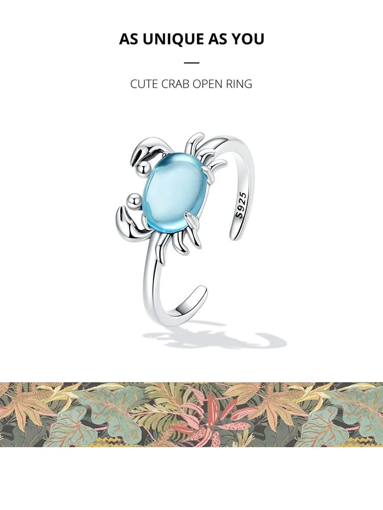 925 Sterling Silver Blue Stone Crab Pattern Party Wear Open Ring for Women