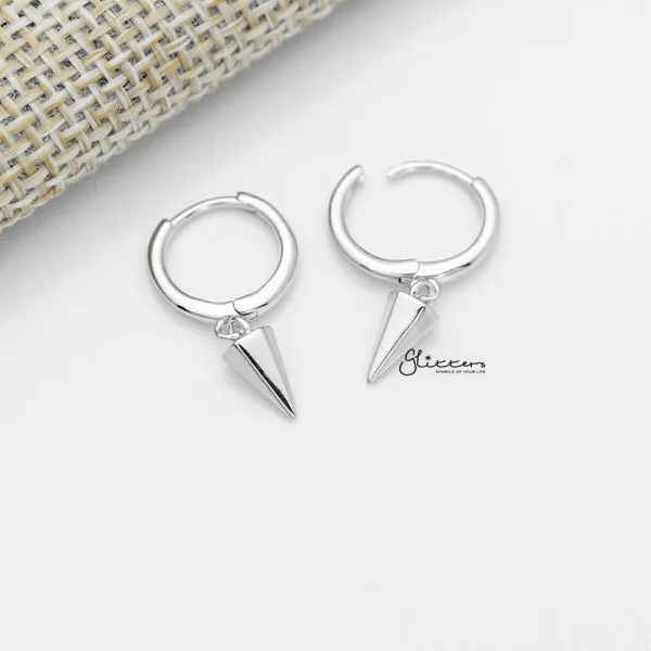 925 Sterling Silver One-Touch Hoop Earrings with Dangle Spike - Silver