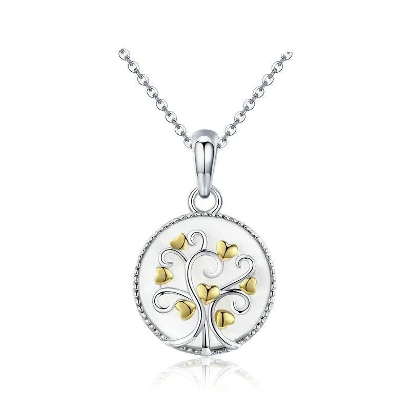 925 Sterling Silver Tree of Life with Gold Plated Hearts Pendant Necklace