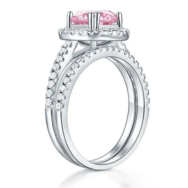 925 Sterling Silver Wedding Engagement Halo Ring Set 2 Carat Pink Created Zirconia Wedding Jewelry MXFR8220