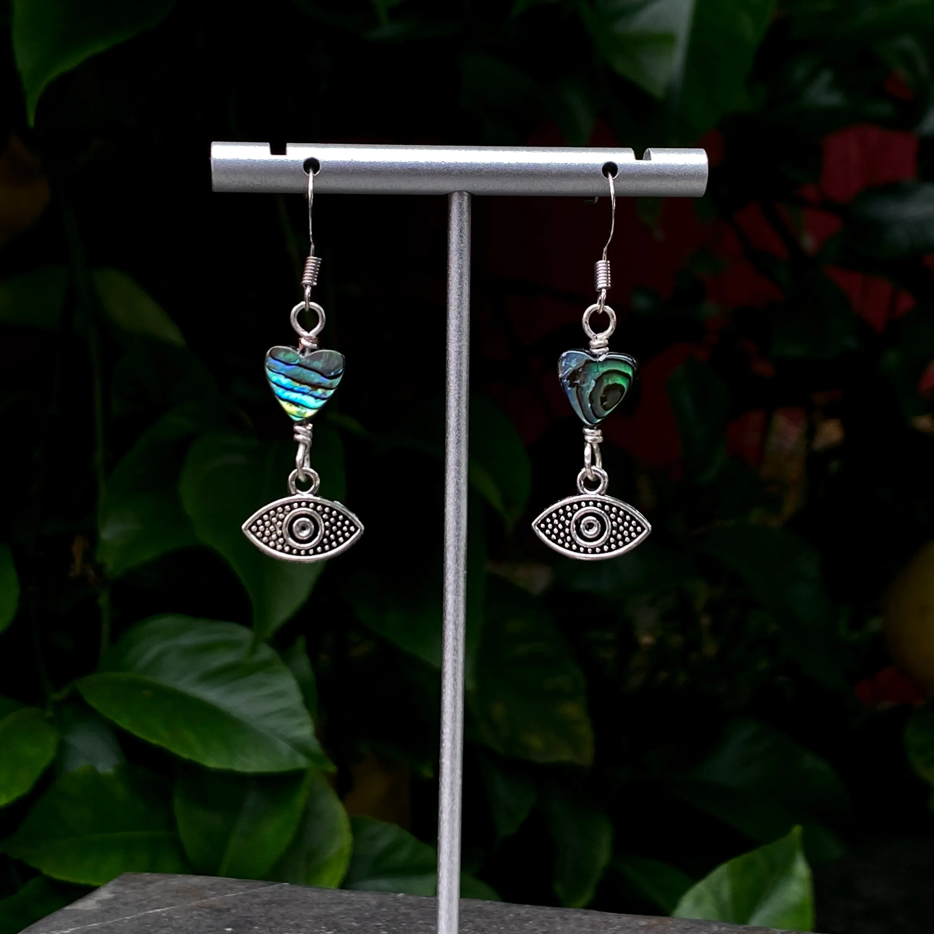 Abalone Heart and Evil Eye Drop Earrings