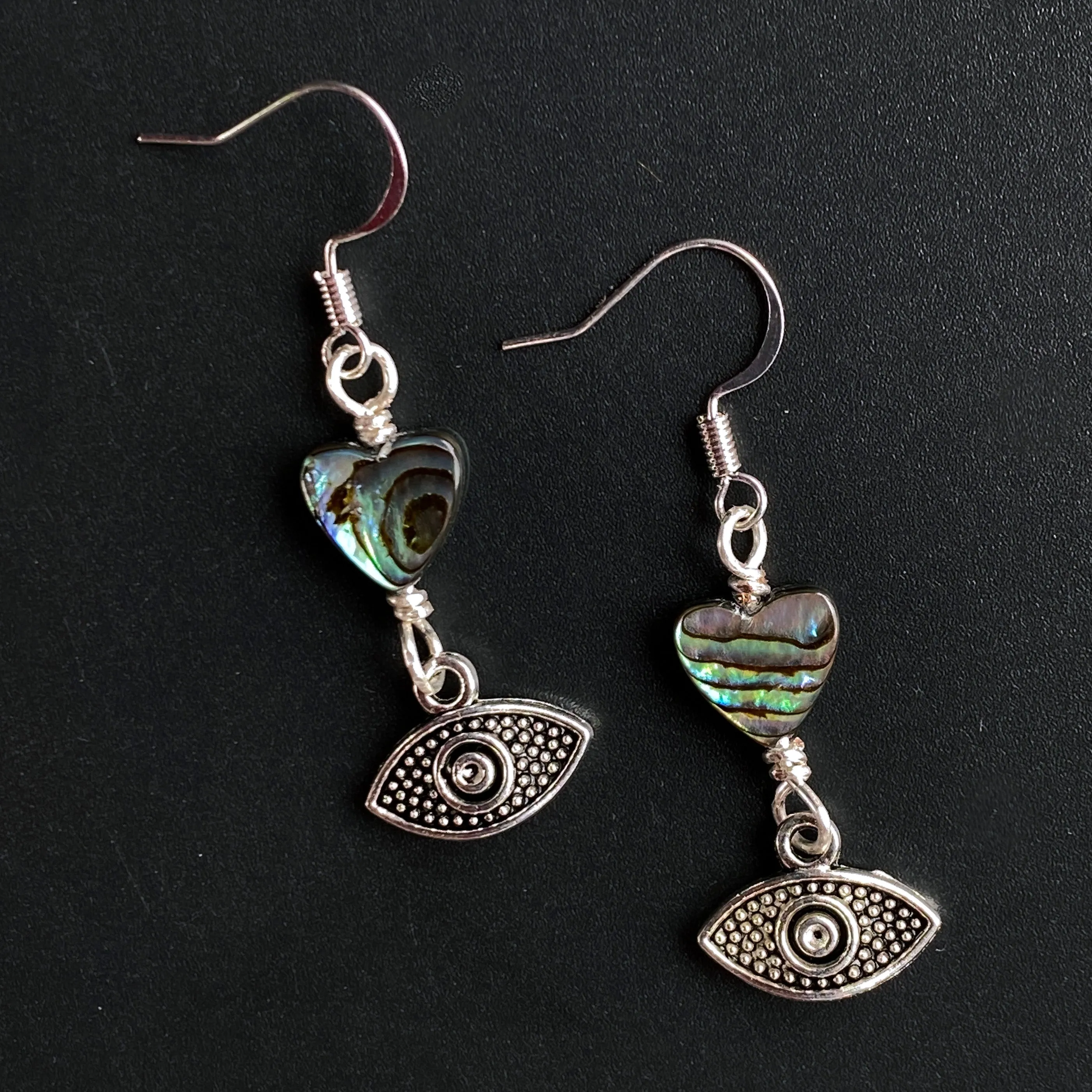 Abalone Heart and Evil Eye Drop Earrings