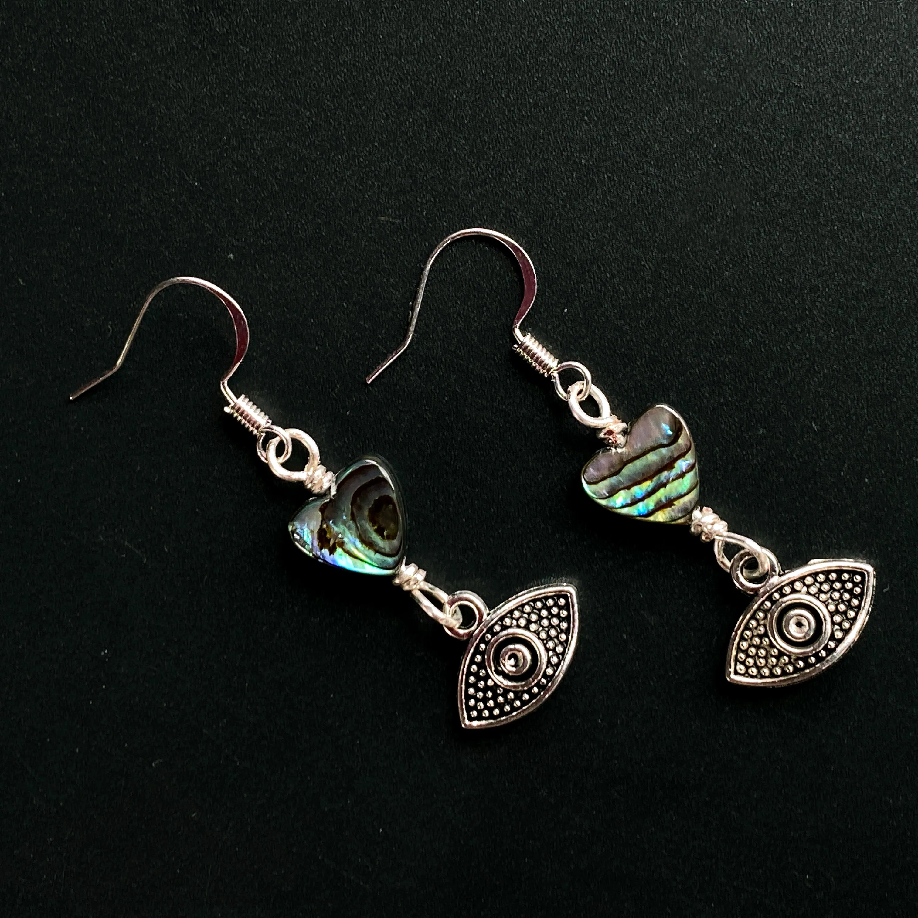 Abalone Heart and Evil Eye Drop Earrings