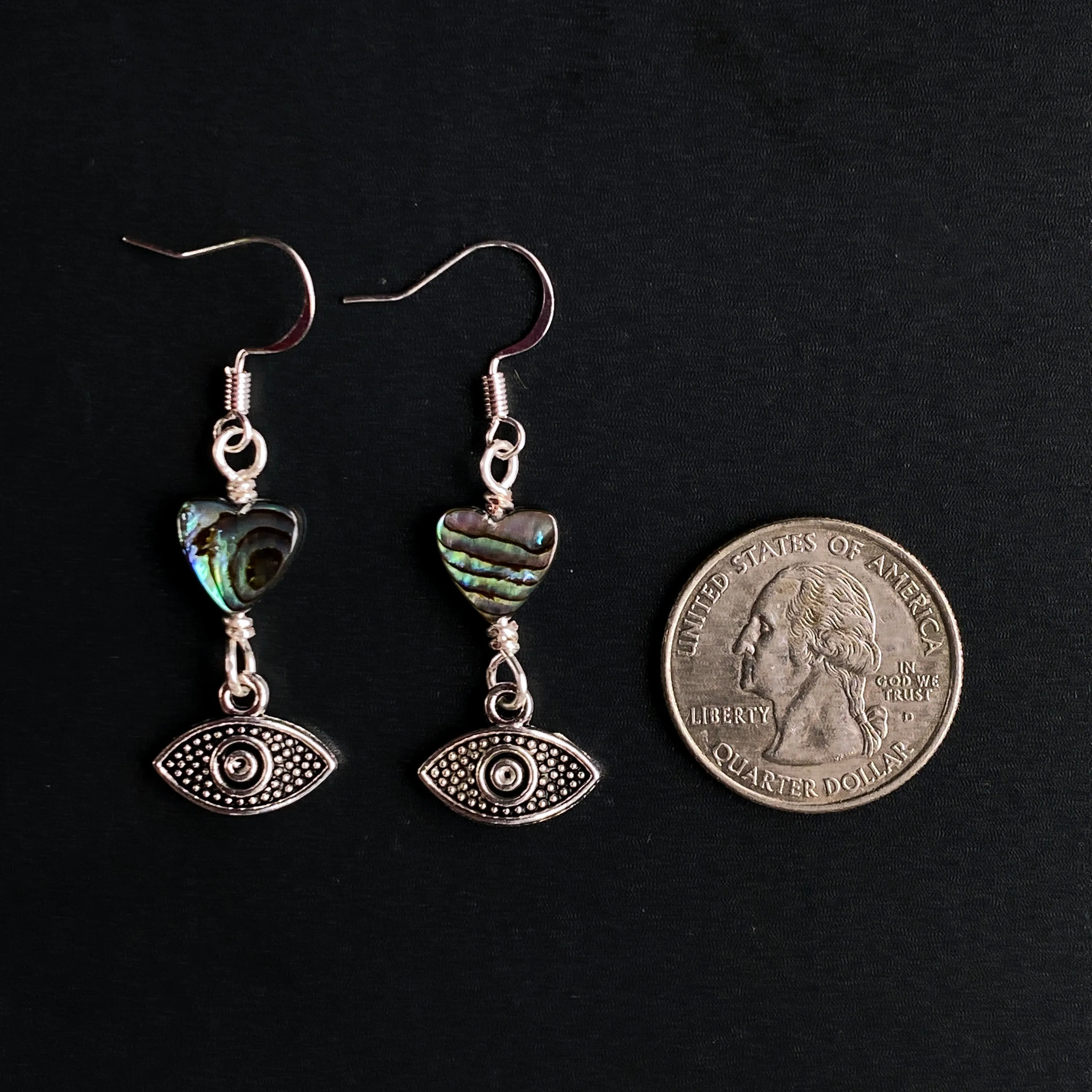 Abalone Heart and Evil Eye Drop Earrings