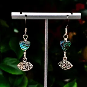 Abalone Heart and Evil Eye Drop Earrings