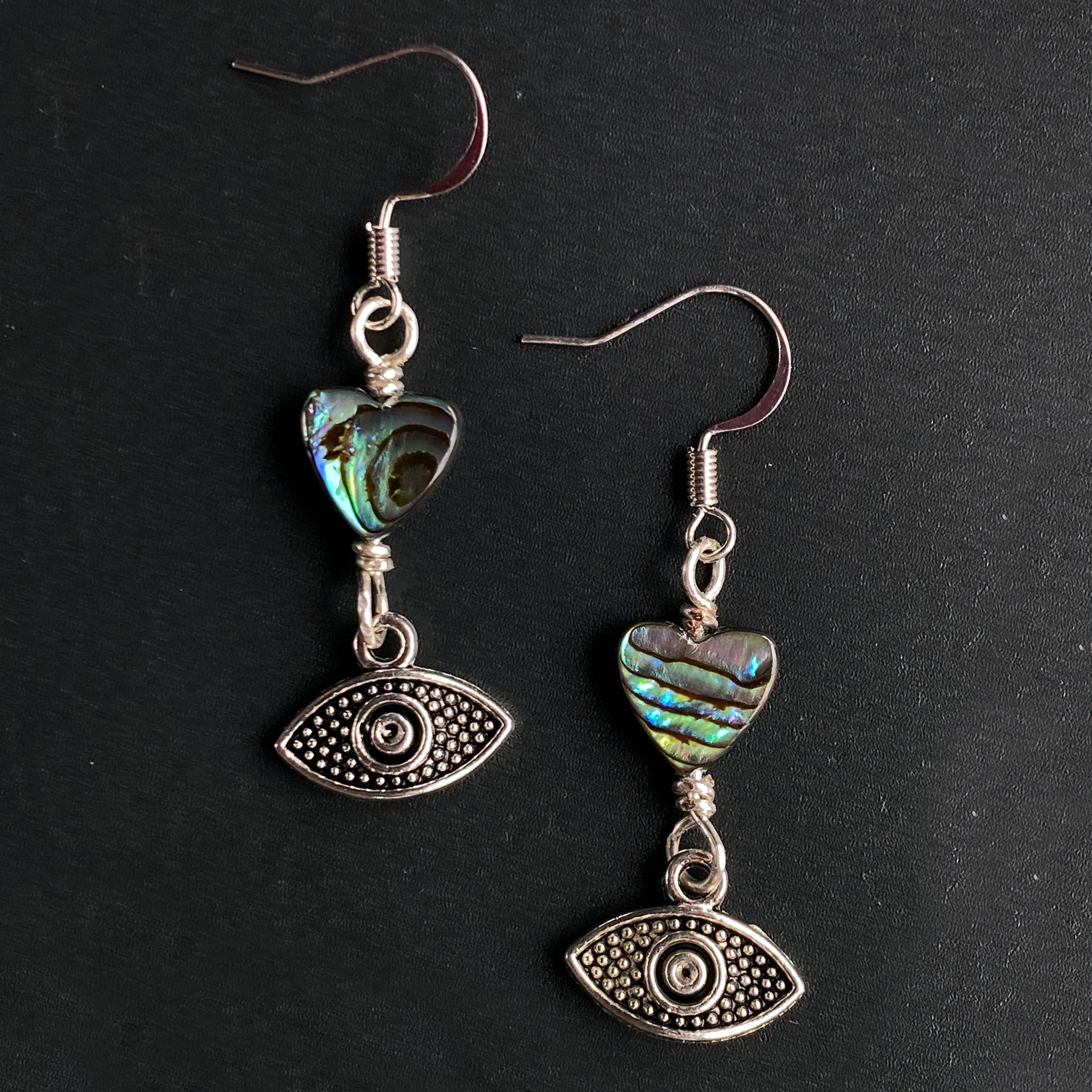 Abalone Heart and Evil Eye Drop Earrings