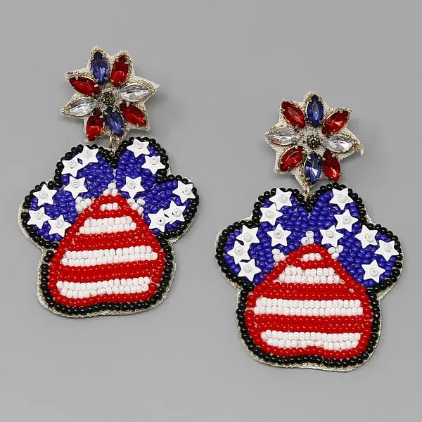 American Flag Pattern Paw Seed Beaded Earrings