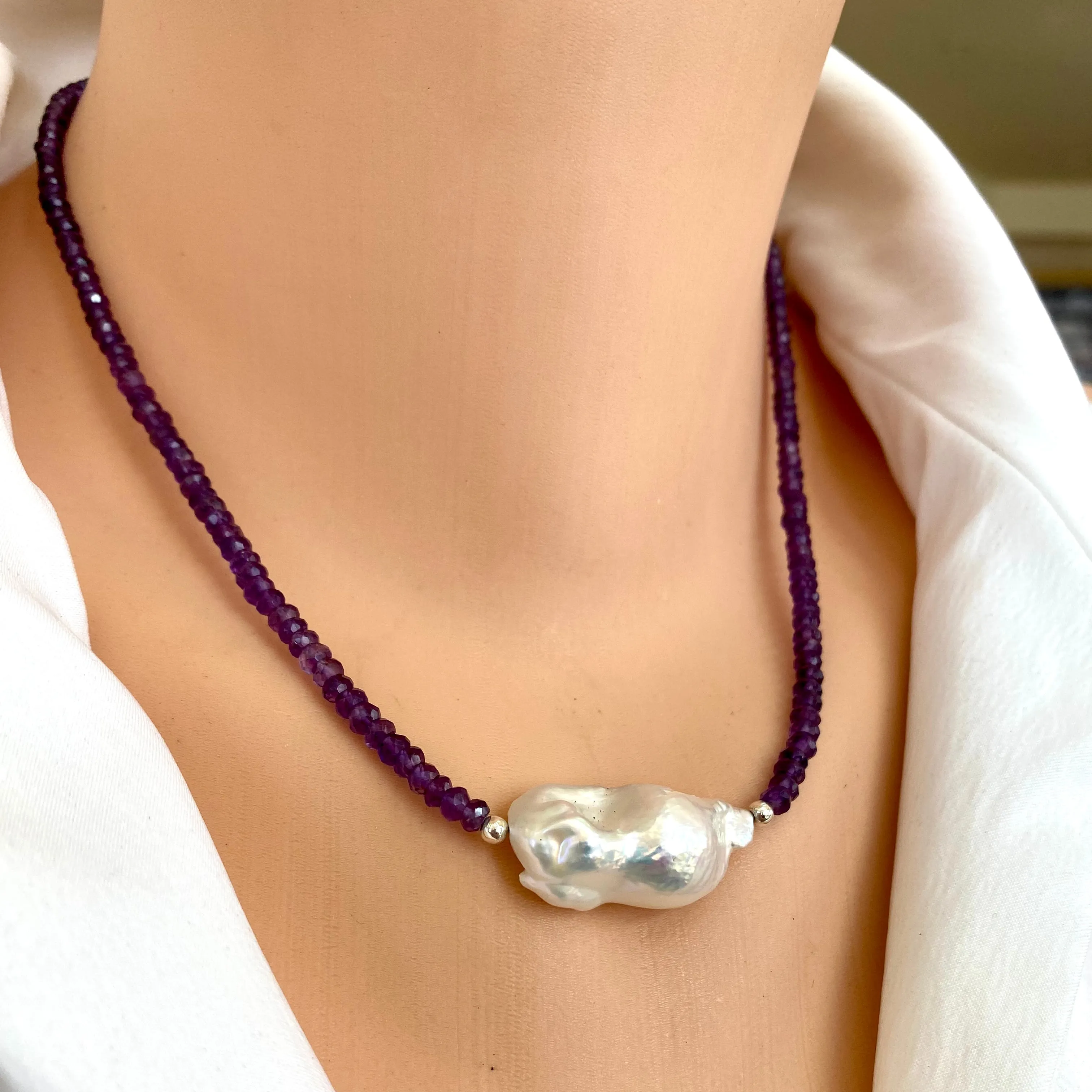 Amethyst & Large Baroque Pearl Necklace, February Birthstone, Sterling Silver, 17in