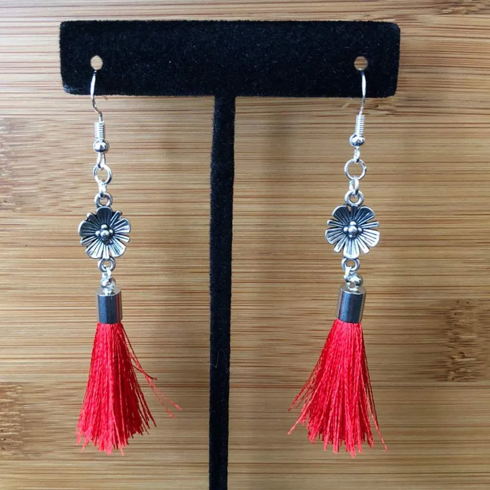 Antique Silver Flower with Red Tassel Dangle Earrings